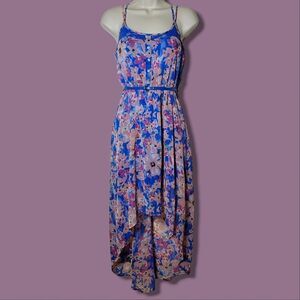 Candie's High-Low Floral Belted Strappy Blue & Pink Dress